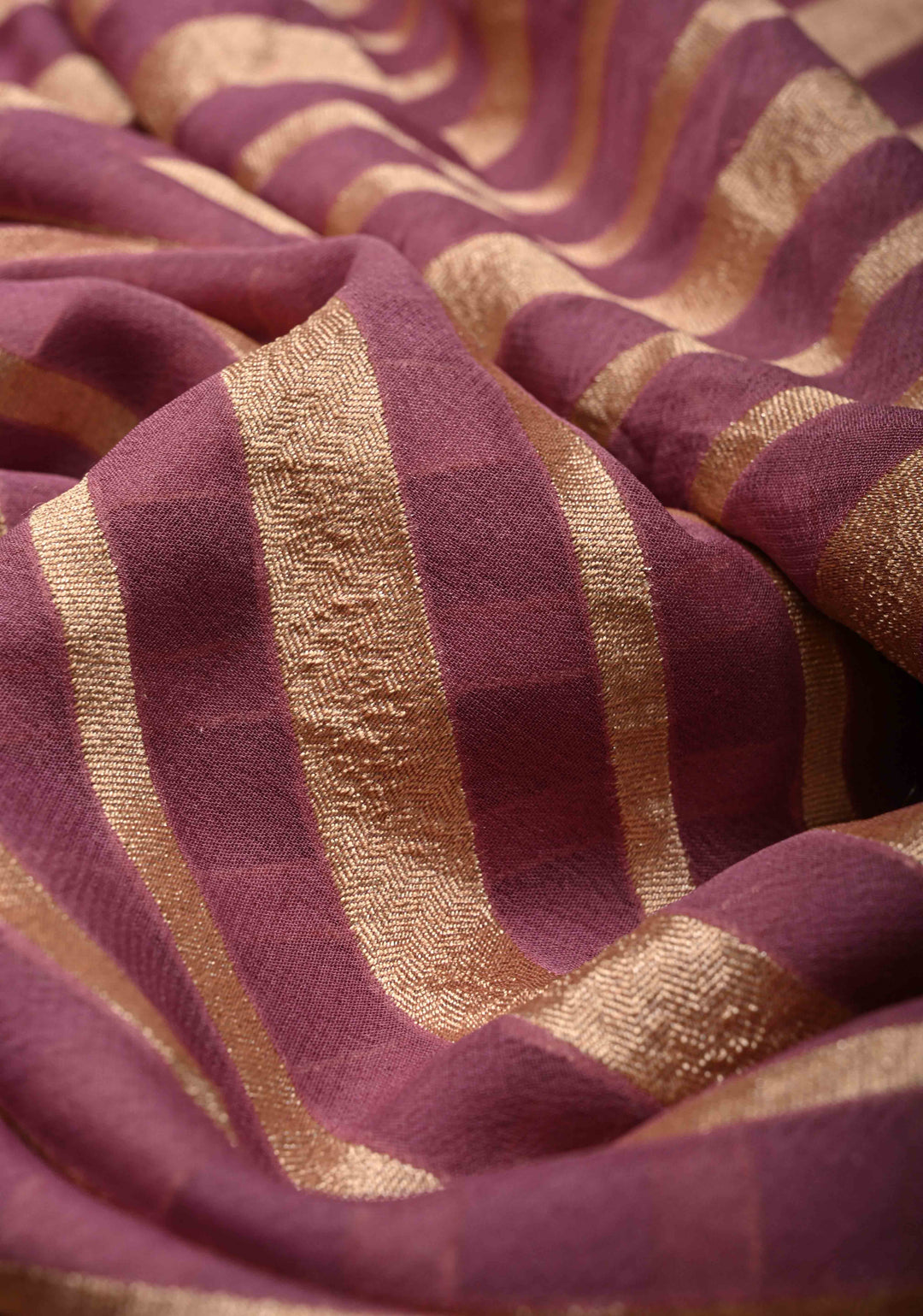 Mauve Banarasi Georgette Silk Saree with Diagonal Stipes and Zari Border | SILK MARK CERTIFIED