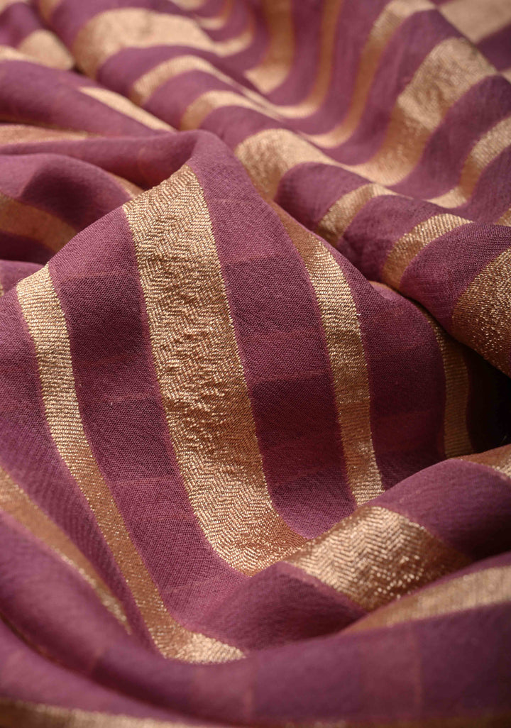 Mauve Banarasi Georgette Silk Saree with Diagonal Stipes and Zari Border | SILK MARK CERTIFIED