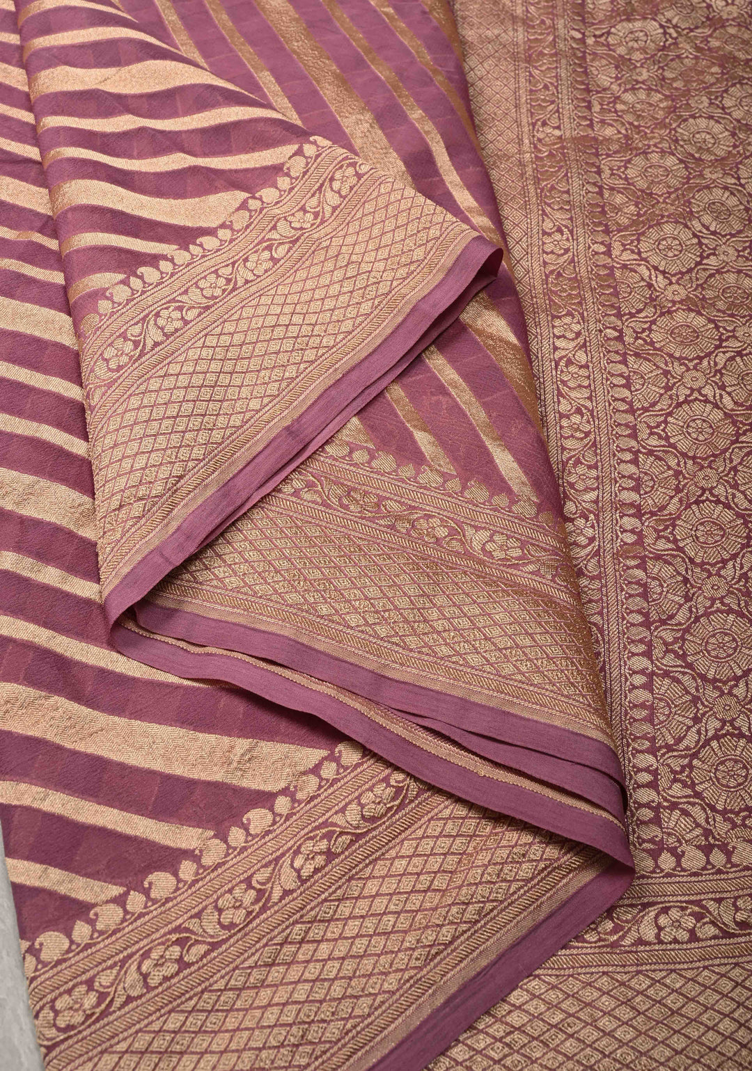 Mauve Banarasi Georgette Silk Saree with Diagonal Stipes and Zari Border | SILK MARK CERTIFIED