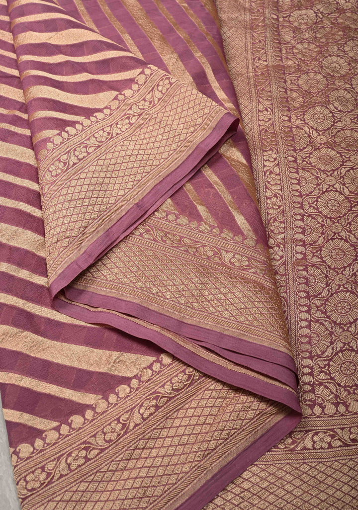 Mauve Banarasi Georgette Silk Saree with Diagonal Stipes and Zari Border | SILK MARK CERTIFIED