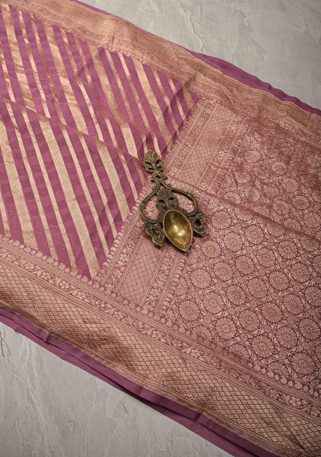 Mauve Banarasi Georgette Silk Saree with Diagonal Stipes and Zari Border | SILK MARK CERTIFIED