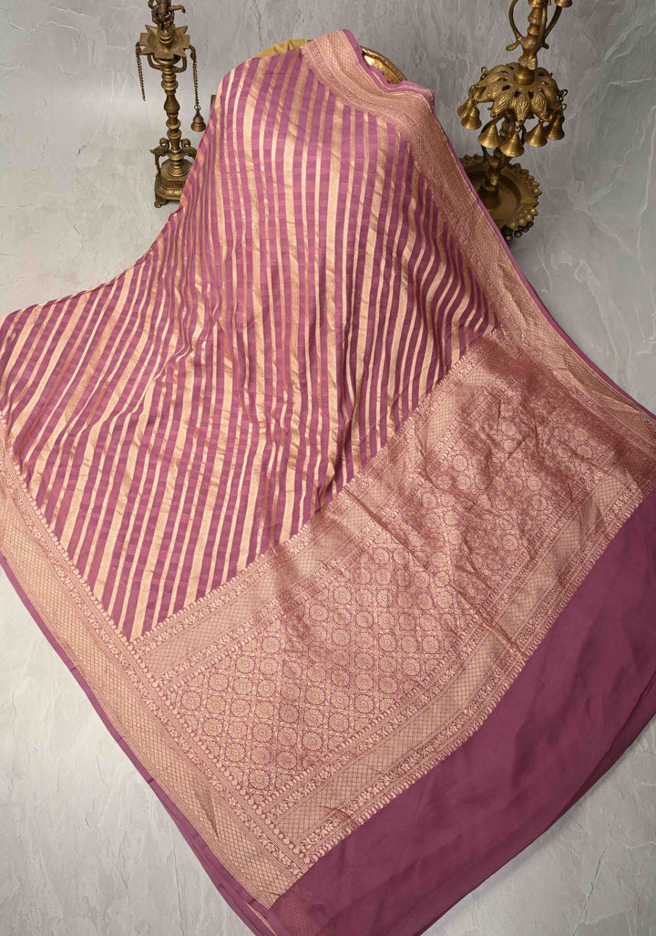 Mauve Banarasi Georgette Silk Saree with Diagonal Stipes and Zari Border | SILK MARK CERTIFIED