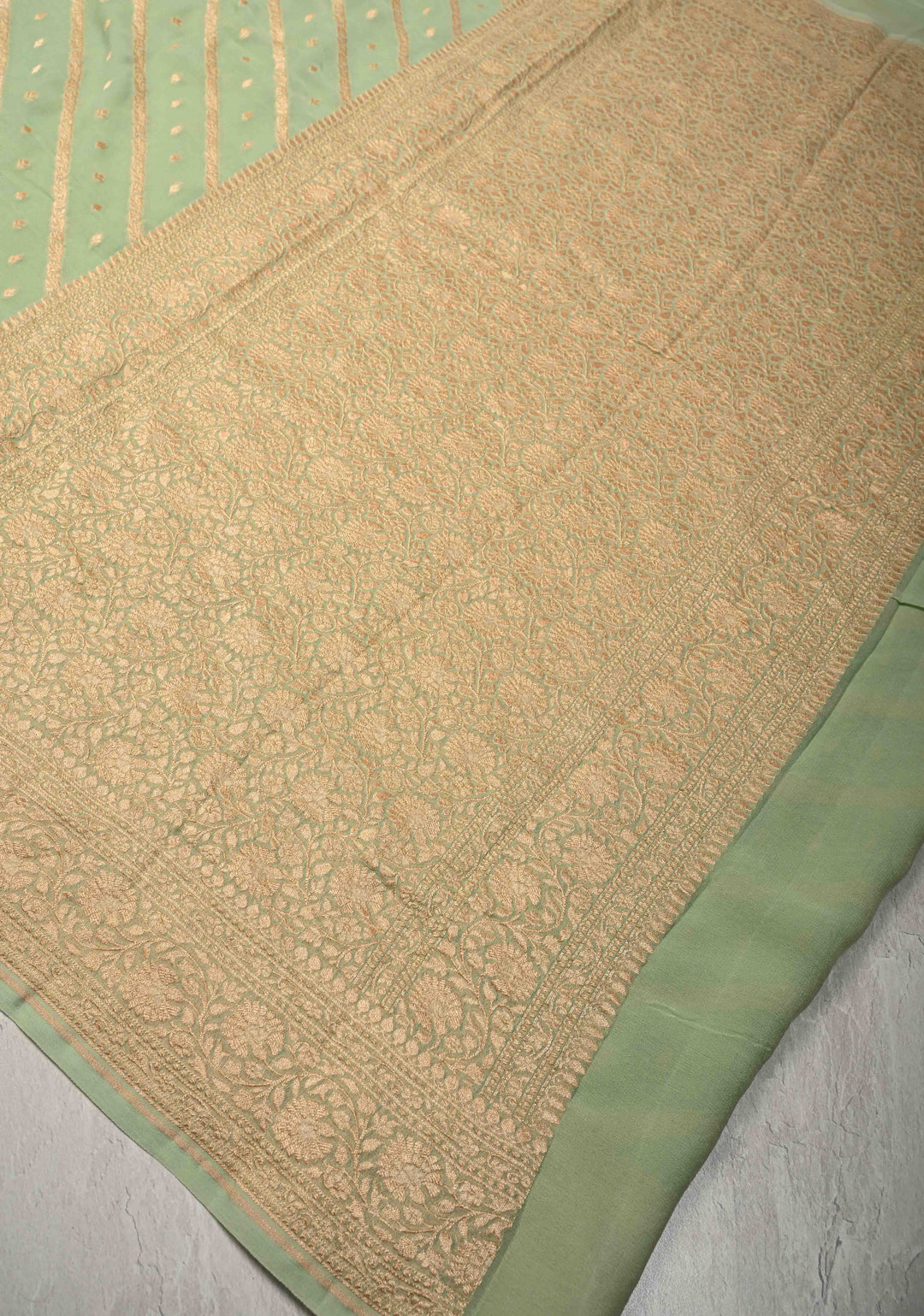 Muted Green Zari Buttis on Banarasi Georgette Silk Saree with Leheria Design and Zari Border | SILK MARK CERTIFIED