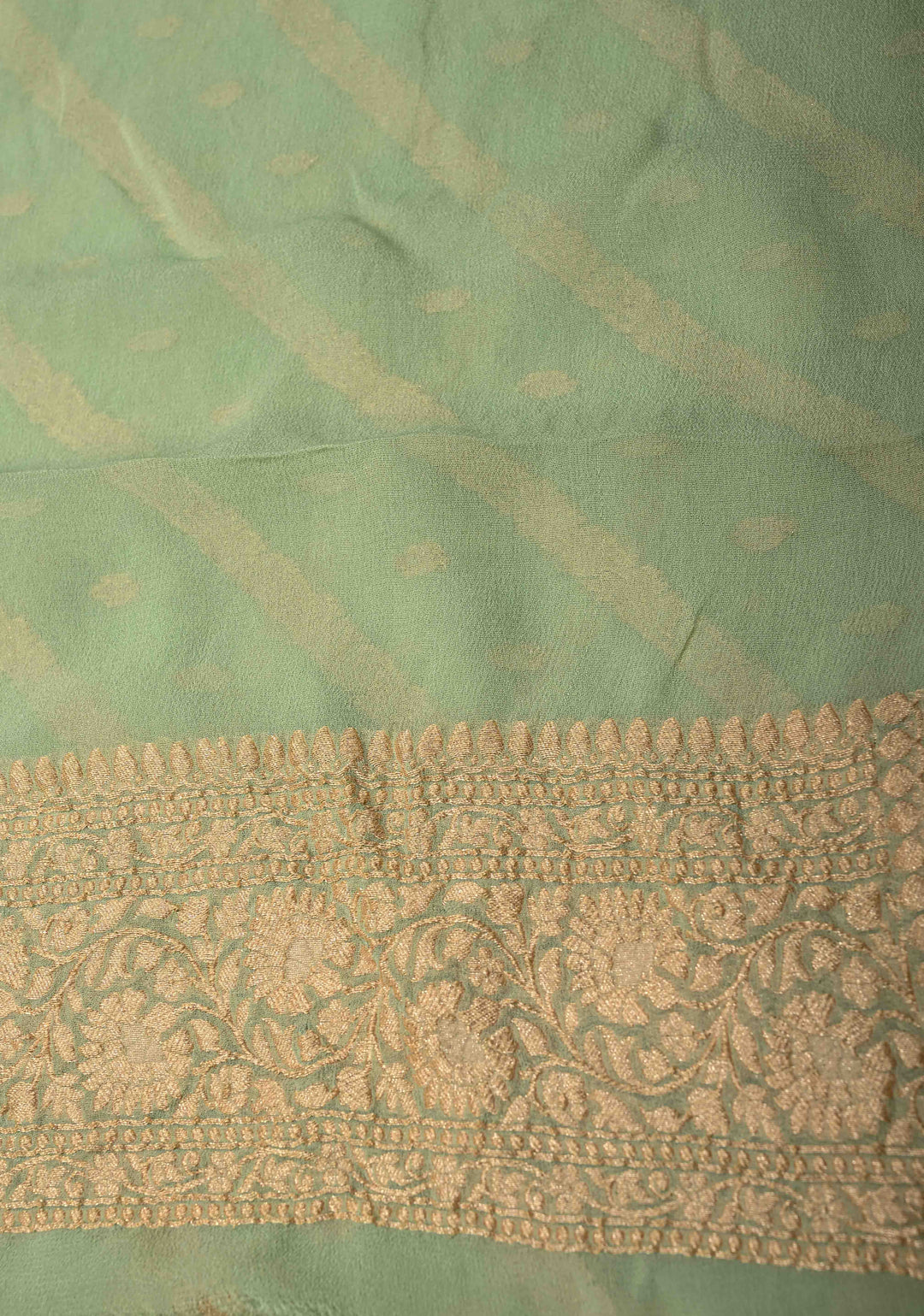 Muted Green Zari Buttis on Banarasi Georgette Silk Saree with Leheria Design and Zari Border | SILK MARK CERTIFIED