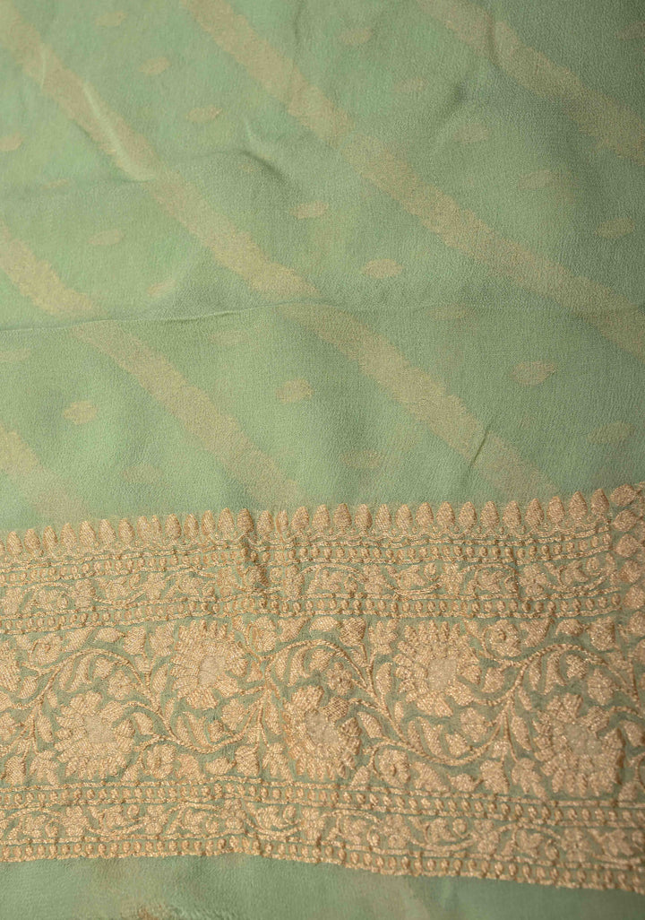 Muted Green Zari Buttis on Banarasi Georgette Silk Saree with Leheria Design and Zari Border | SILK MARK CERTIFIED