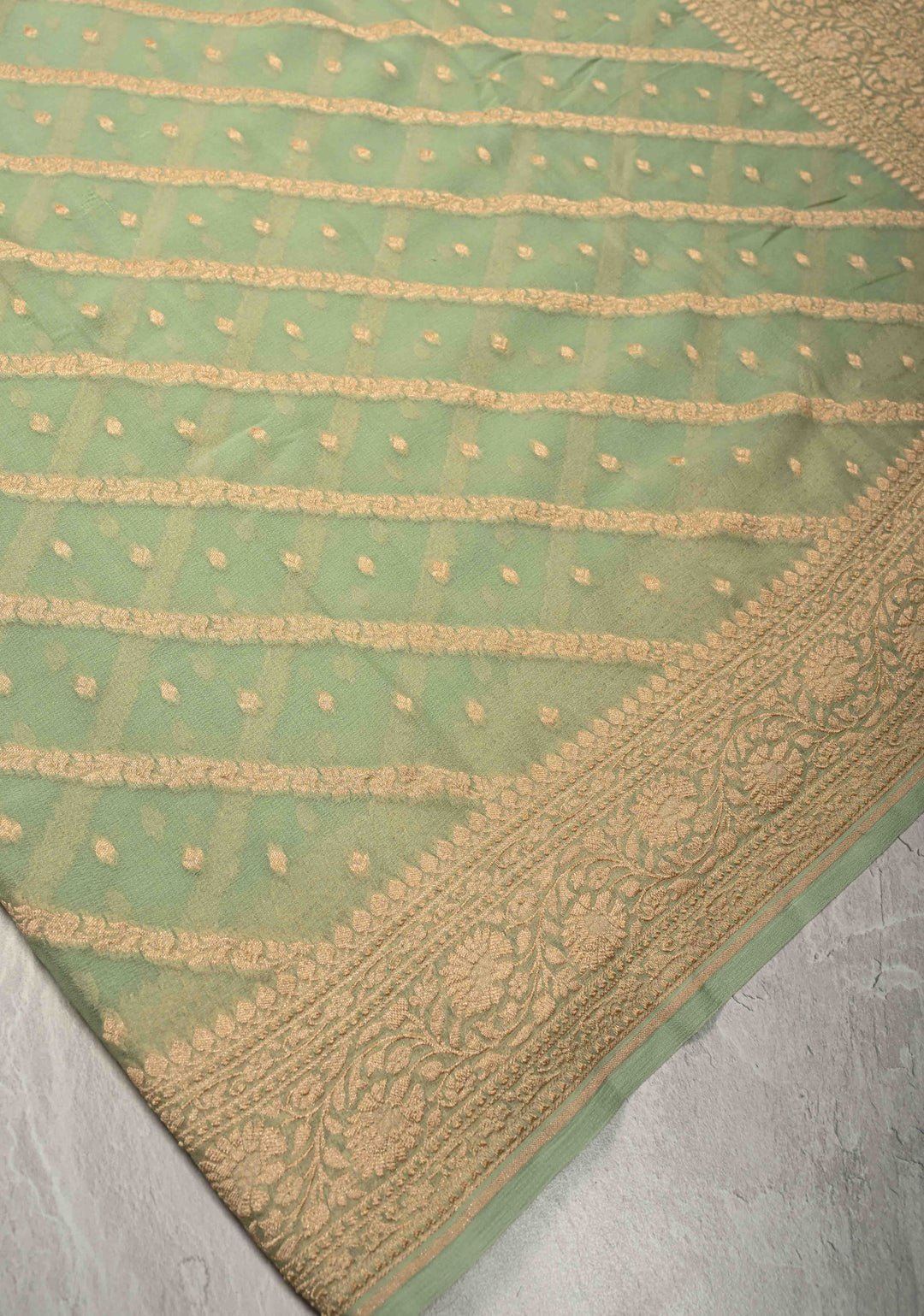 Muted Green Zari Buttis on Banarasi Georgette Silk Saree with Leheria Design and Zari Border | SILK MARK CERTIFIED