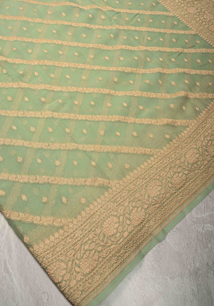 Muted Green Zari Buttis on Banarasi Georgette Silk Saree with Leheria Design and Zari Border | SILK MARK CERTIFIED