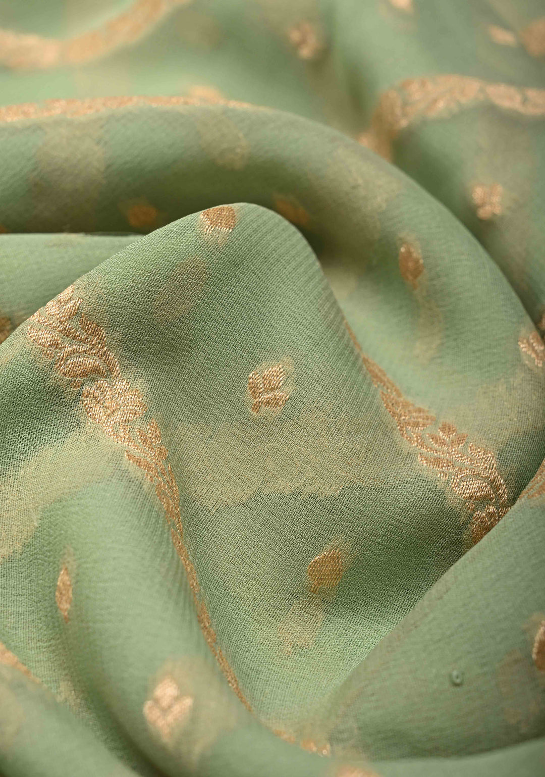Muted Green Zari Buttis on Banarasi Georgette Silk Saree with Leheria Design and Zari Border | SILK MARK CERTIFIED