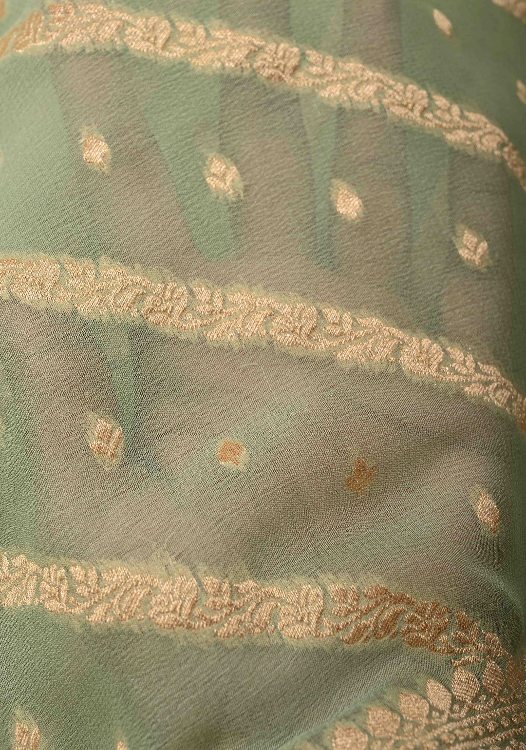 Muted Green Zari Buttis on Banarasi Georgette Silk Saree with Leheria Design and Zari Border | SILK MARK CERTIFIED