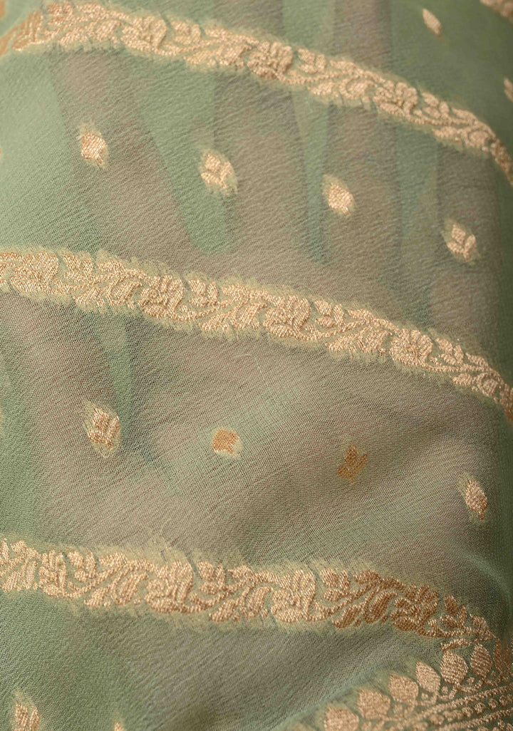 Muted Green Zari Buttis on Banarasi Georgette Silk Saree with Leheria Design and Zari Border | SILK MARK CERTIFIED