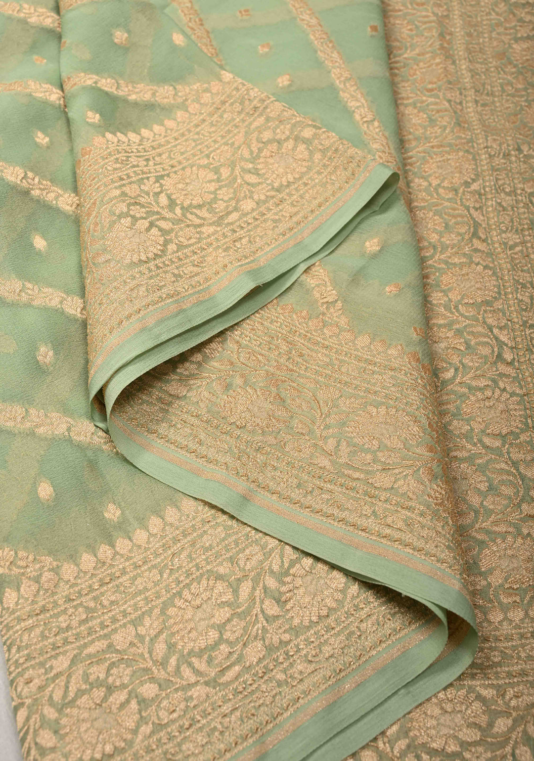 Muted Green Zari Buttis on Banarasi Georgette Silk Saree with Leheria Design and Zari Border | SILK MARK CERTIFIED