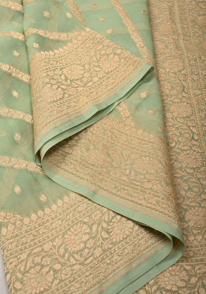Muted Green Zari Buttis on Banarasi Georgette Silk Saree with Leheria Design and Zari Border | SILK MARK CERTIFIED