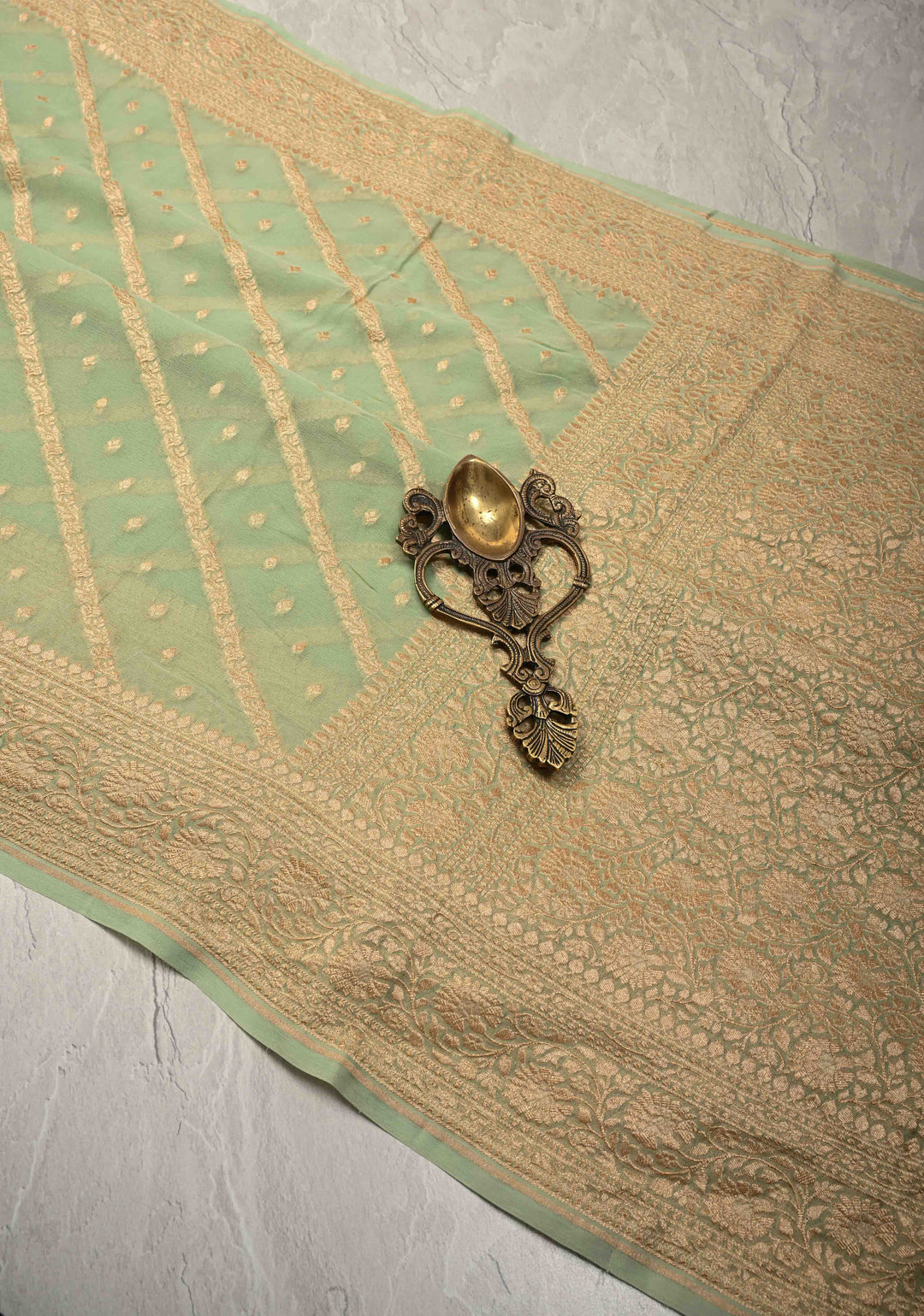 Muted Green Zari Buttis on Banarasi Georgette Silk Saree with Leheria Design and Zari Border | SILK MARK CERTIFIED