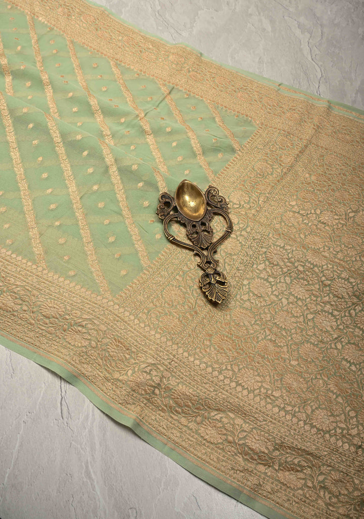 Muted Green Zari Buttis on Banarasi Georgette Silk Saree with Leheria Design and Zari Border | SILK MARK CERTIFIED