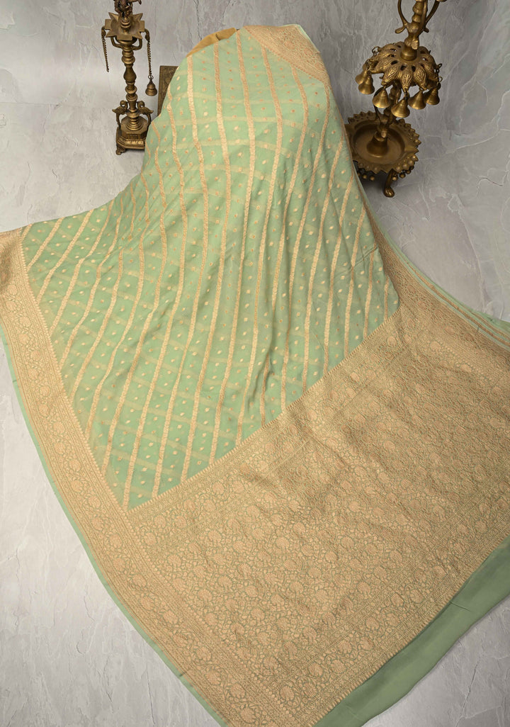 Muted Green Zari Buttis on Banarasi Georgette Silk Saree with Leheria Design and Zari Border | SILK MARK CERTIFIED