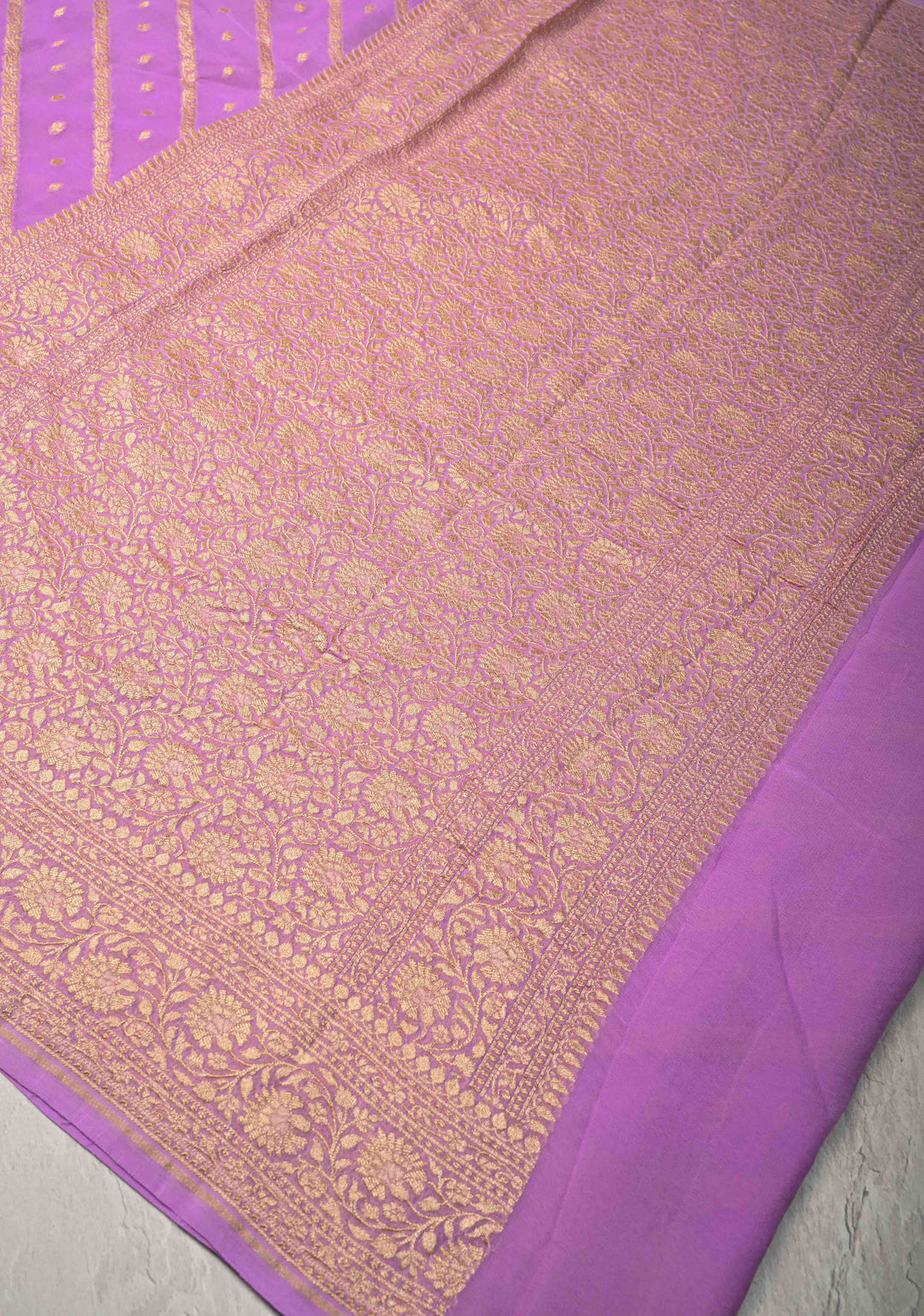 Lavender Zari Buttis on Banarasi Georgette Silk Saree with Leheria Design and Zari Border | SILK MARK CERTIFIED