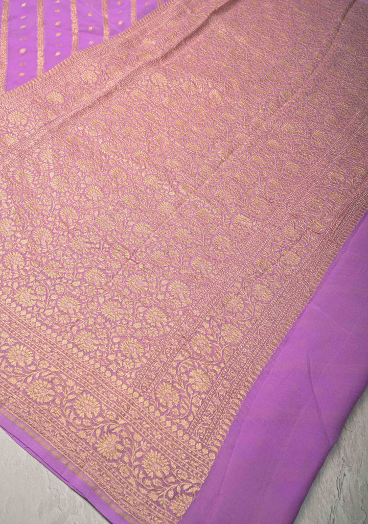 Lavender Zari Buttis on Banarasi Georgette Silk Saree with Leheria Design and Zari Border | SILK MARK CERTIFIED