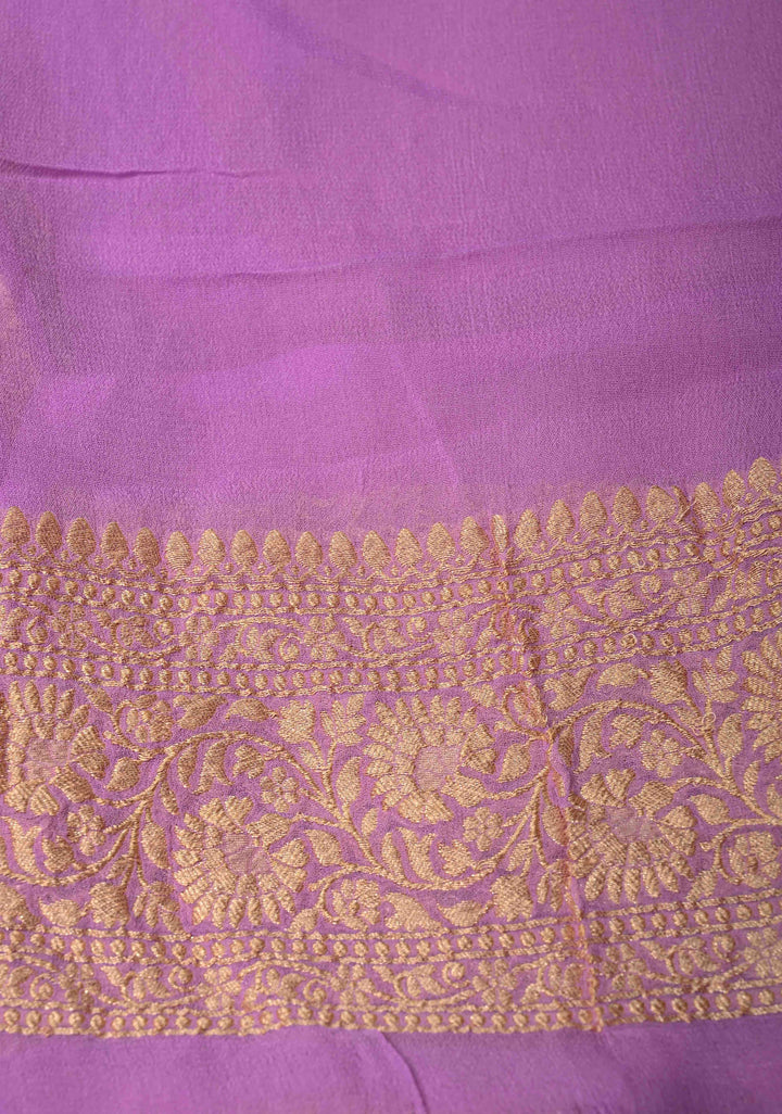 Lavender Zari Buttis on Banarasi Georgette Silk Saree with Leheria Design and Zari Border | SILK MARK CERTIFIED