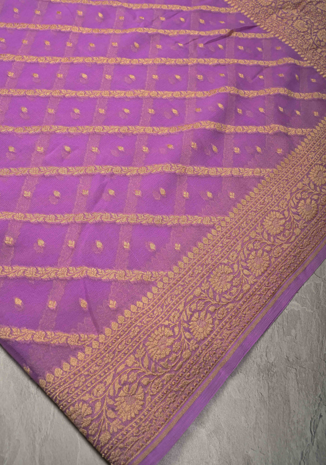 Lavender Zari Buttis on Banarasi Georgette Silk Saree with Leheria Design and Zari Border | SILK MARK CERTIFIED