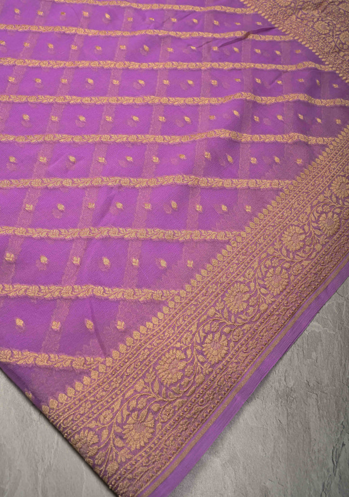 Lavender Zari Buttis on Banarasi Georgette Silk Saree with Leheria Design and Zari Border | SILK MARK CERTIFIED