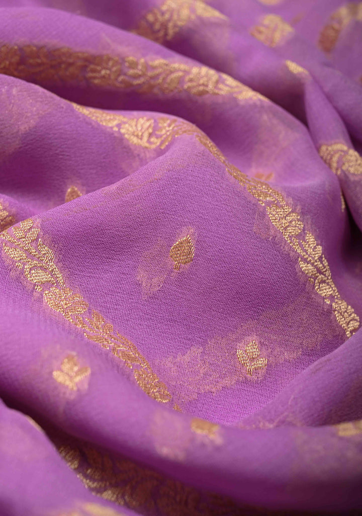 Lavender Zari Buttis on Banarasi Georgette Silk Saree with Leheria Design and Zari Border | SILK MARK CERTIFIED
