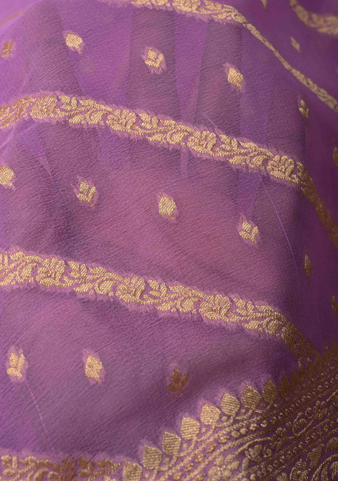 Lavender Zari Buttis on Banarasi Georgette Silk Saree with Leheria Design and Zari Border | SILK MARK CERTIFIED