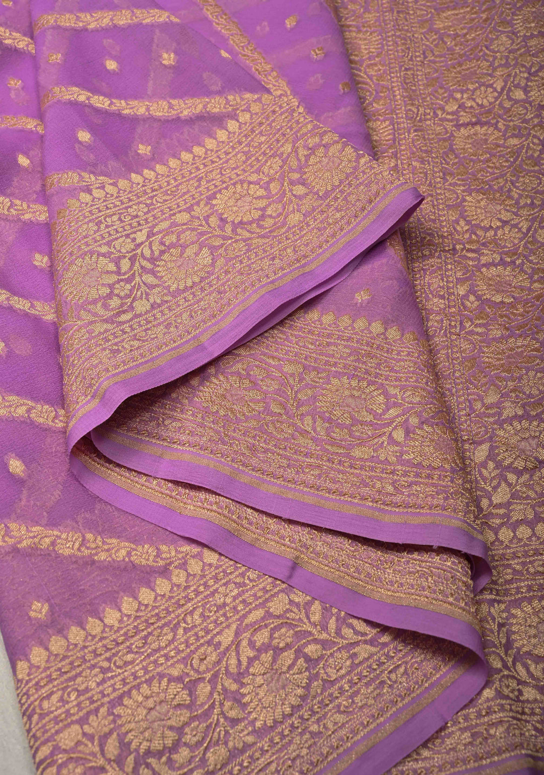 Lavender Zari Buttis on Banarasi Georgette Silk Saree with Leheria Design and Zari Border | SILK MARK CERTIFIED