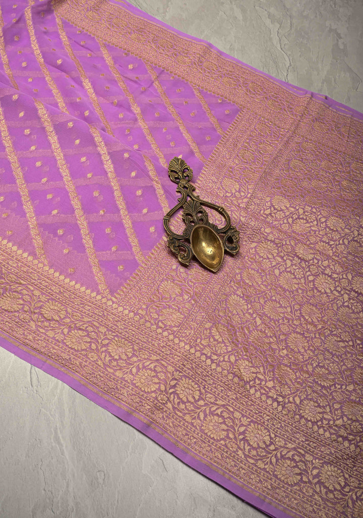 Lavender Zari Buttis on Banarasi Georgette Silk Saree with Leheria Design and Zari Border | SILK MARK CERTIFIED