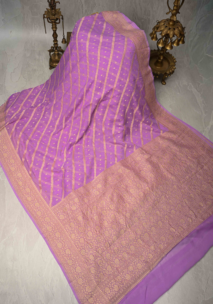 Lavender Zari Buttis on Banarasi Georgette Silk Saree with Leheria Design and Zari Border | SILK MARK CERTIFIED