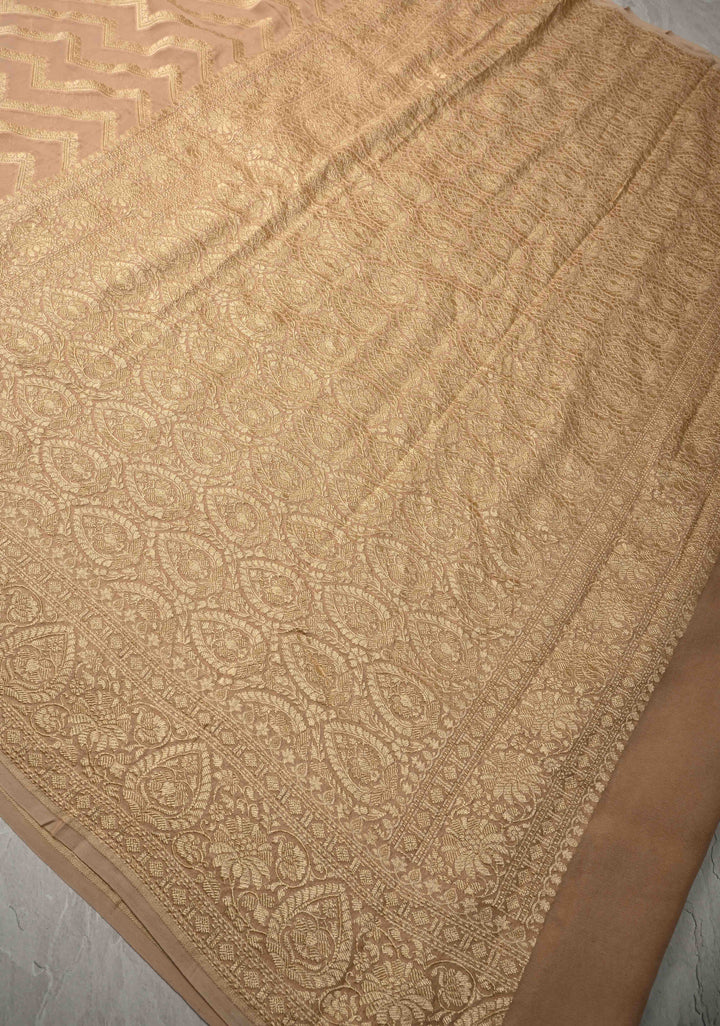 Cream Banarasi Georgette Silk Saree with Chevron Patterns and Zari Border | SILK MARK CERTIFIED