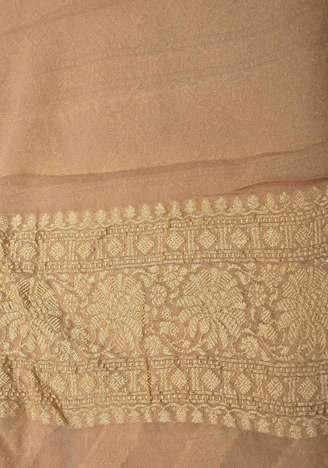 Cream Banarasi Georgette Silk Saree with Chevron Patterns and Zari Border | SILK MARK CERTIFIED