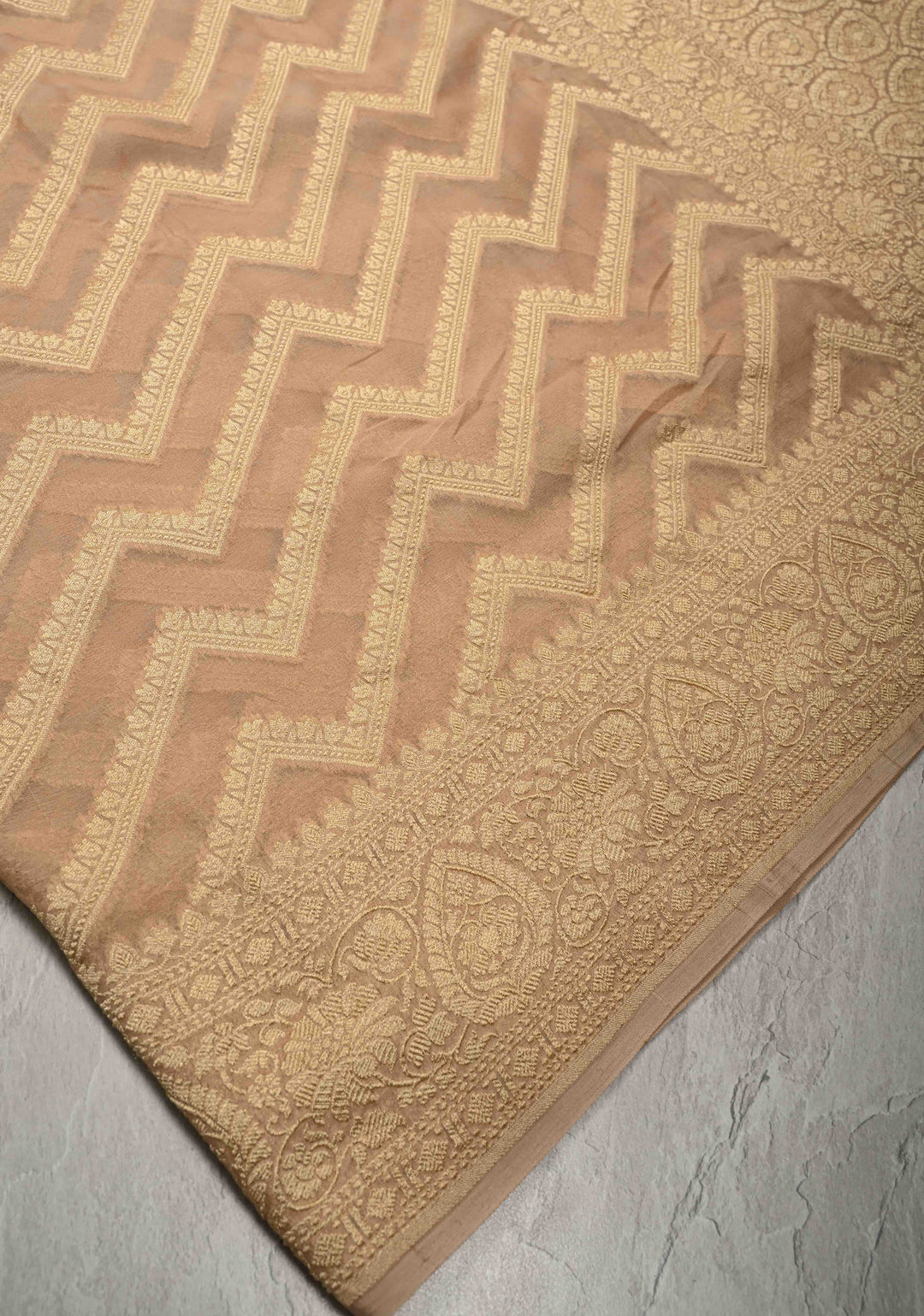 Cream Banarasi Georgette Silk Saree with Chevron Patterns and Zari Border | SILK MARK CERTIFIED