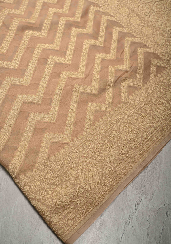 Cream Banarasi Georgette Silk Saree with Chevron Patterns and Zari Border | SILK MARK CERTIFIED