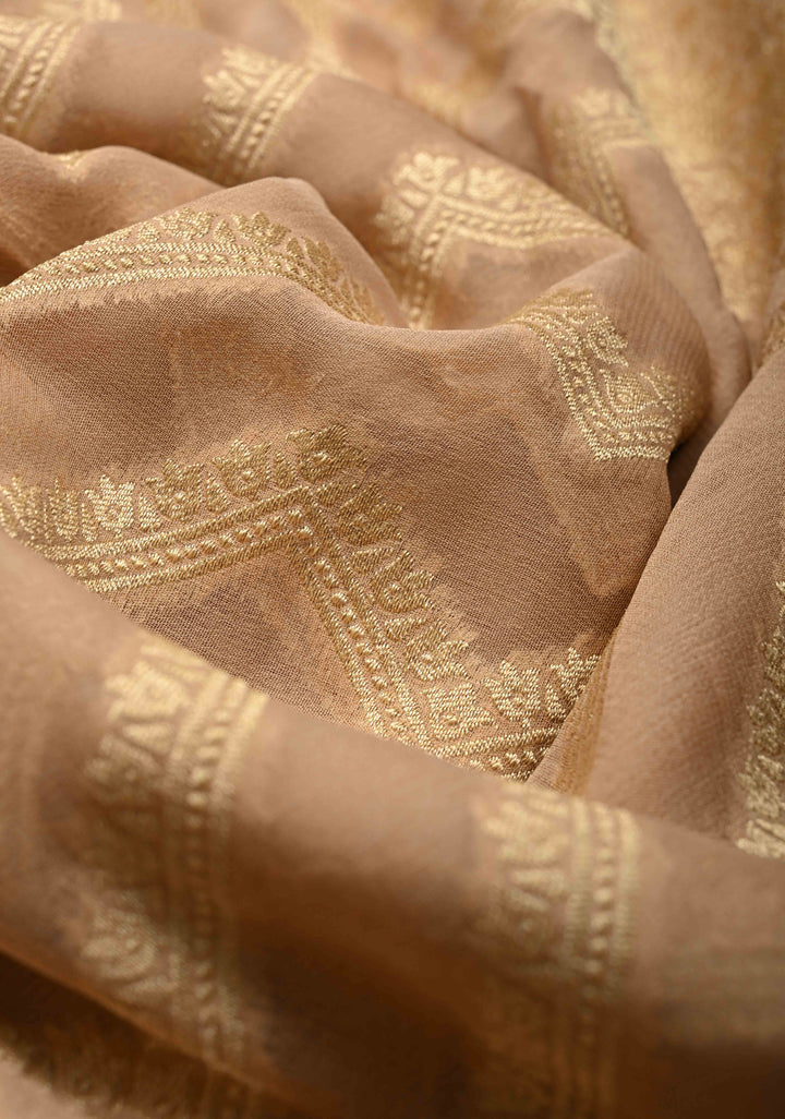 Cream Banarasi Georgette Silk Saree with Chevron Patterns and Zari Border | SILK MARK CERTIFIED