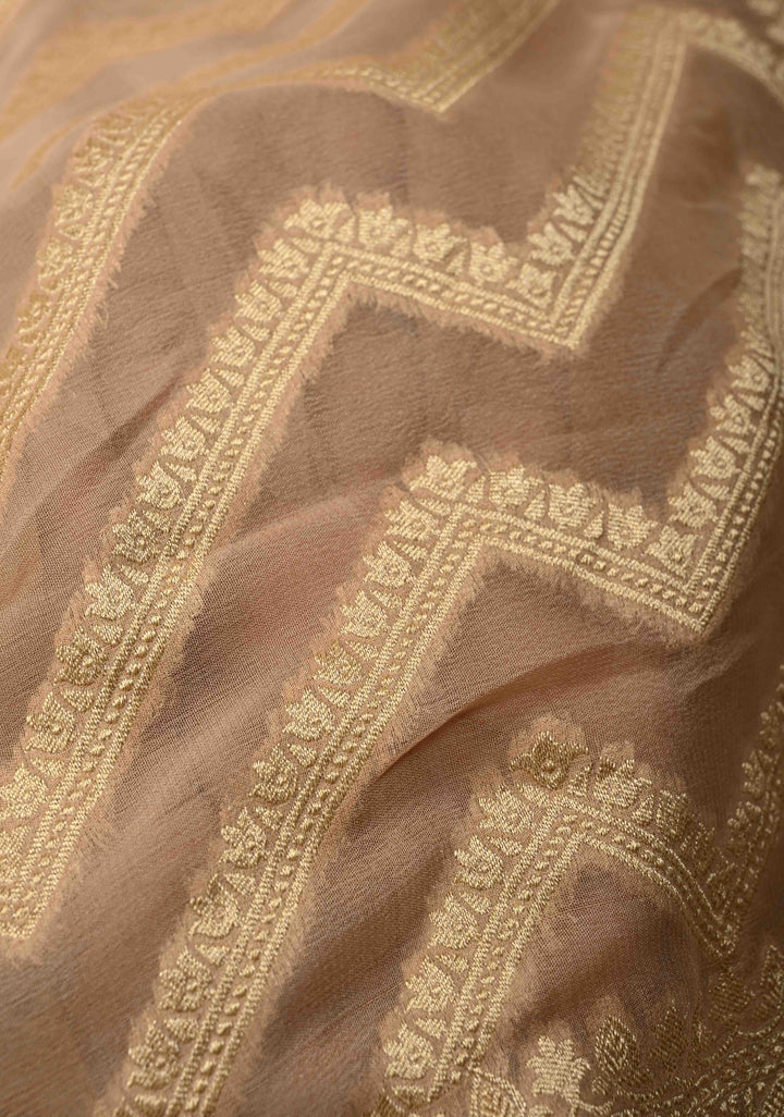 Cream Banarasi Georgette Silk Saree with Chevron Patterns and Zari Border | SILK MARK CERTIFIED