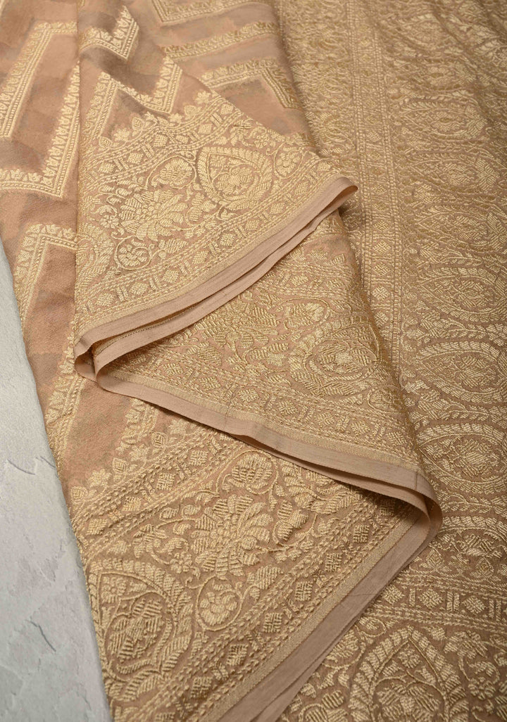 Cream Banarasi Georgette Silk Saree with Chevron Patterns and Zari Border | SILK MARK CERTIFIED