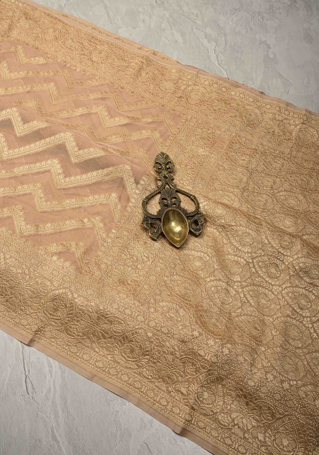 Cream Banarasi Georgette Silk Saree with Chevron Patterns and Zari Border | SILK MARK CERTIFIED