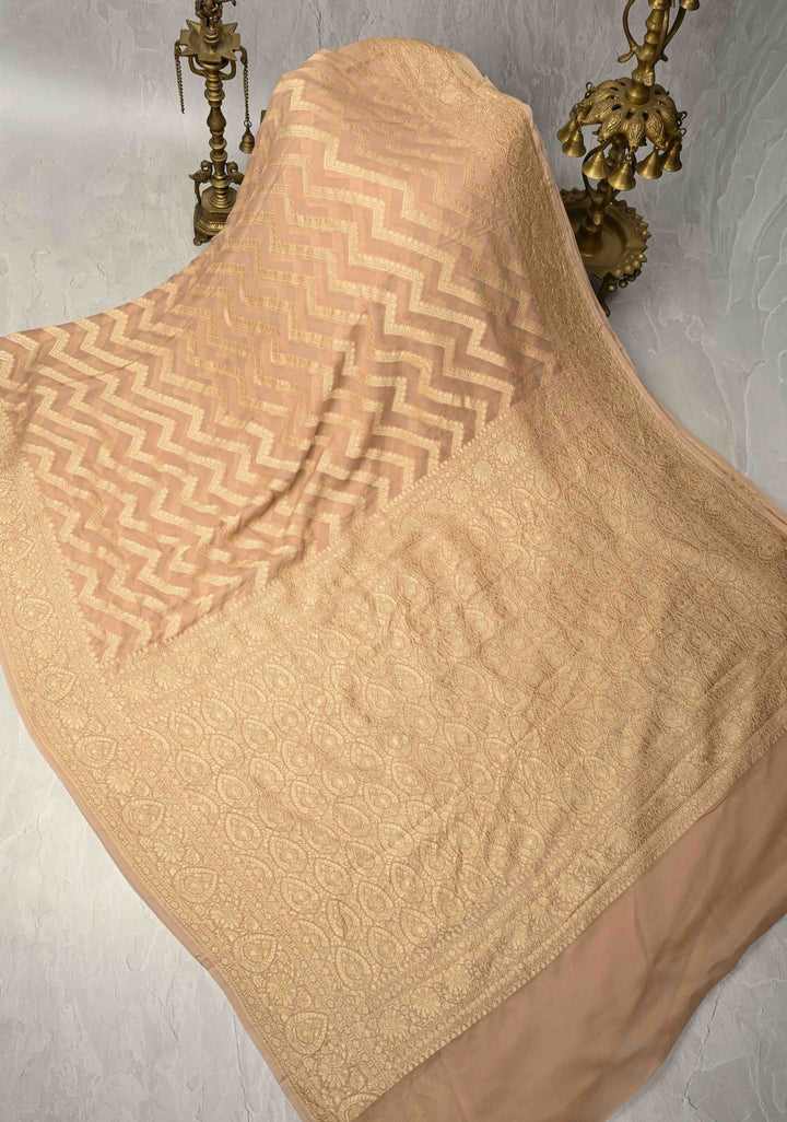 Cream Banarasi Georgette Silk Saree with Chevron Patterns and Zari Border | SILK MARK CERTIFIED