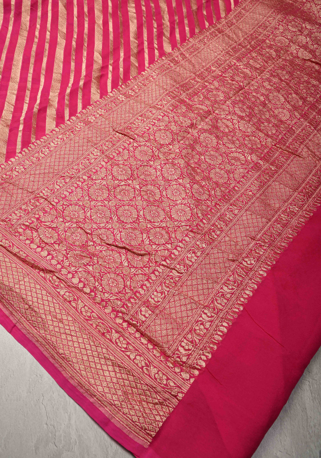 Dark Pink Banarasi Georgette Silk Saree with Ornated Stipes and Zari Border | SILK MARK CERTIFIED