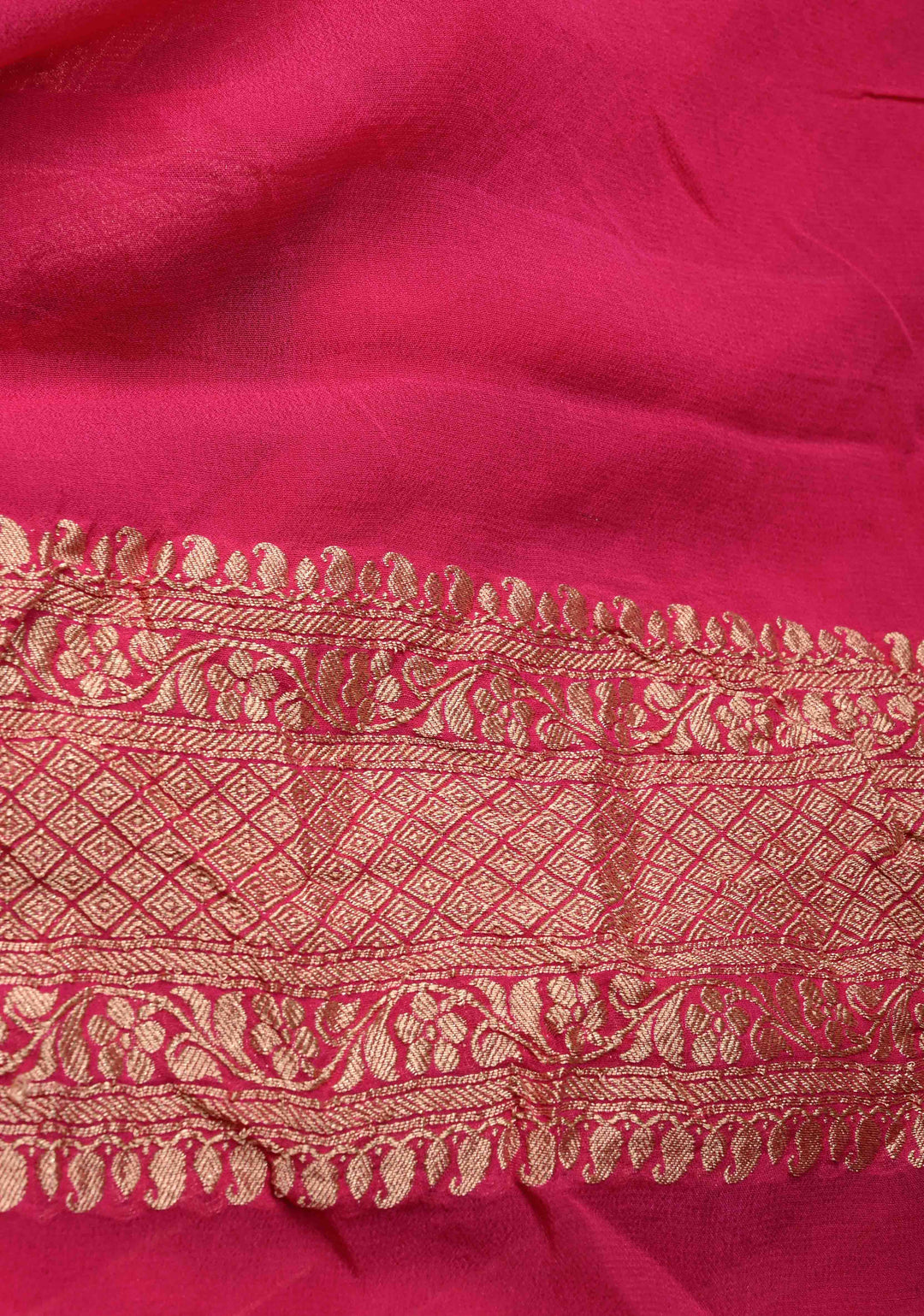Dark Pink Banarasi Georgette Silk Saree with Ornated Stipes and Zari Border | SILK MARK CERTIFIED