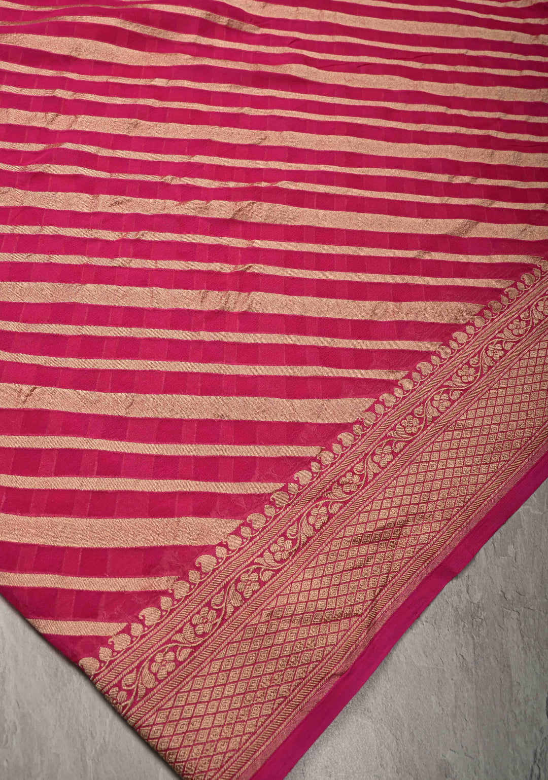 Dark Pink Banarasi Georgette Silk Saree with Ornated Stipes and Zari Border | SILK MARK CERTIFIED