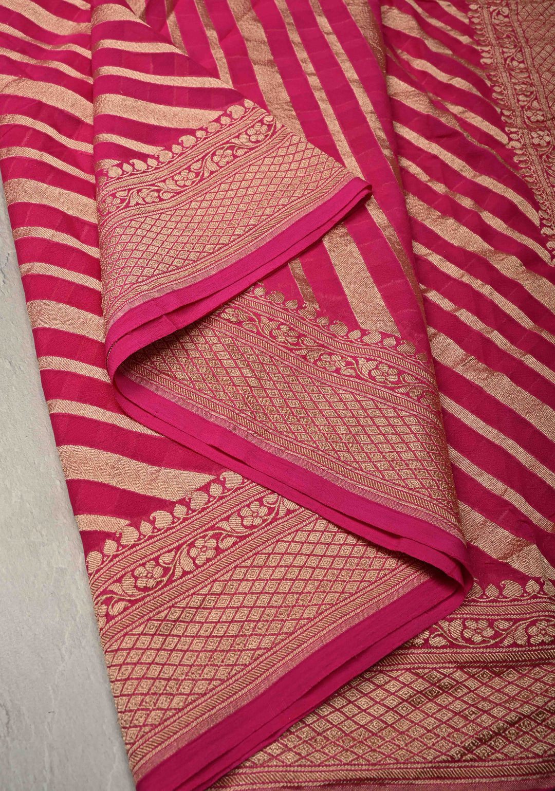 Dark Pink Banarasi Georgette Silk Saree with Ornated Stipes and Zari Border | SILK MARK CERTIFIED
