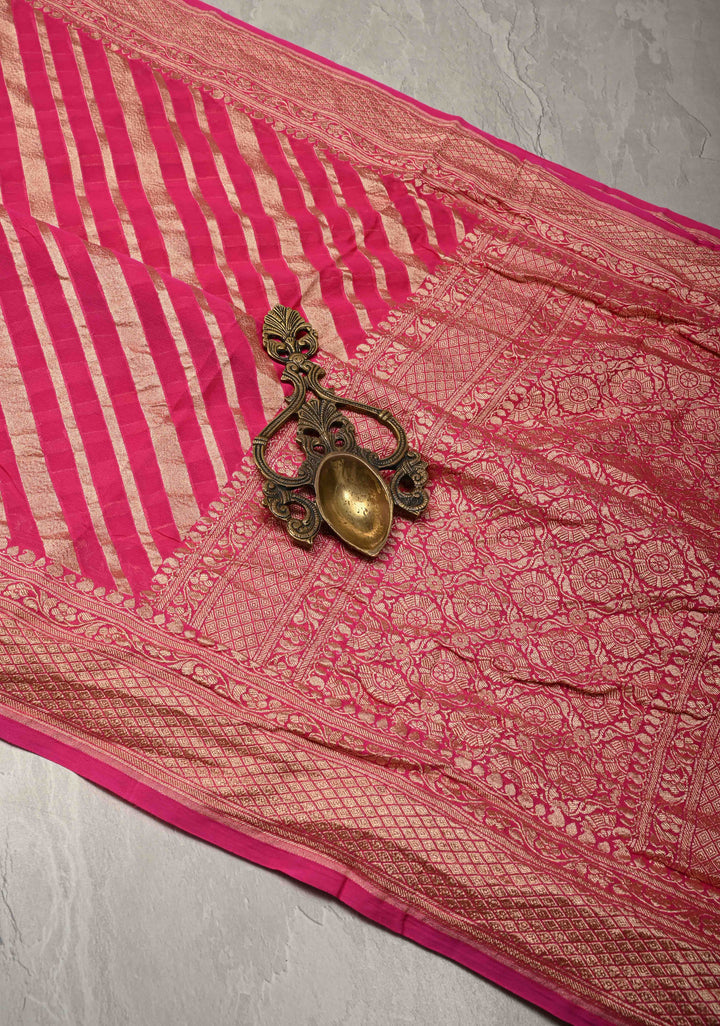 Dark Pink Banarasi Georgette Silk Saree with Ornated Stipes and Zari Border | SILK MARK CERTIFIED