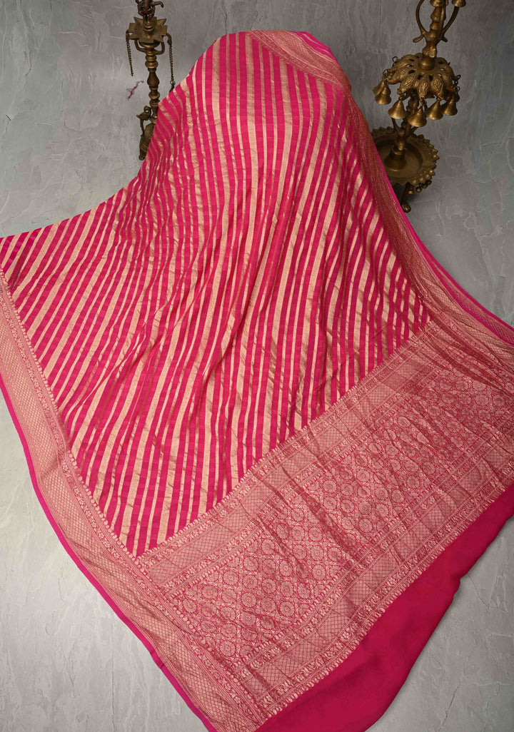 Dark Pink Banarasi Georgette Silk Saree with Ornated Stipes and Zari Border | SILK MARK CERTIFIED