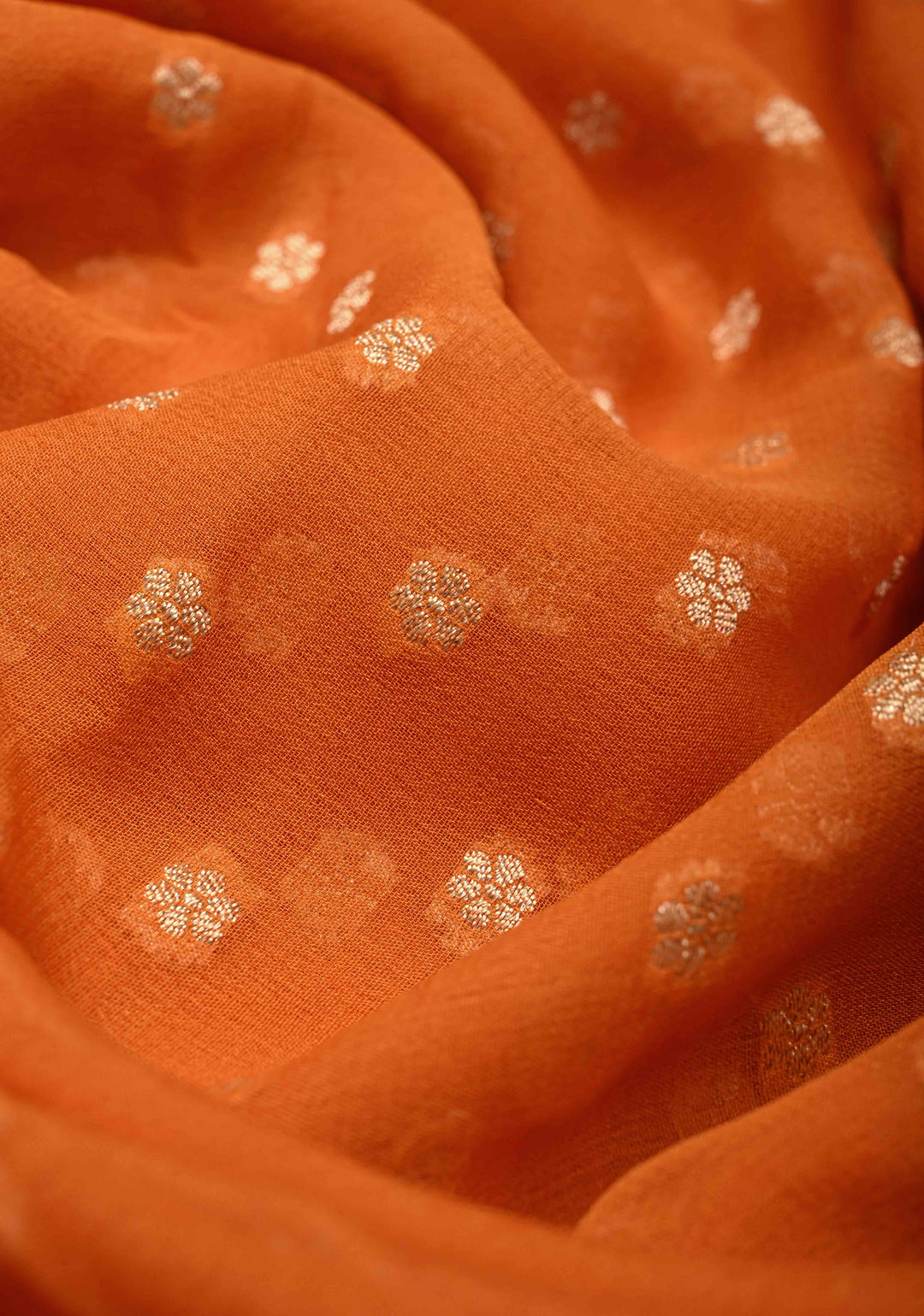 Orange Banarasi Georgette Silk Saree with Floral Butta and Contrast Zari Border | SILK MARK CERTIFIED