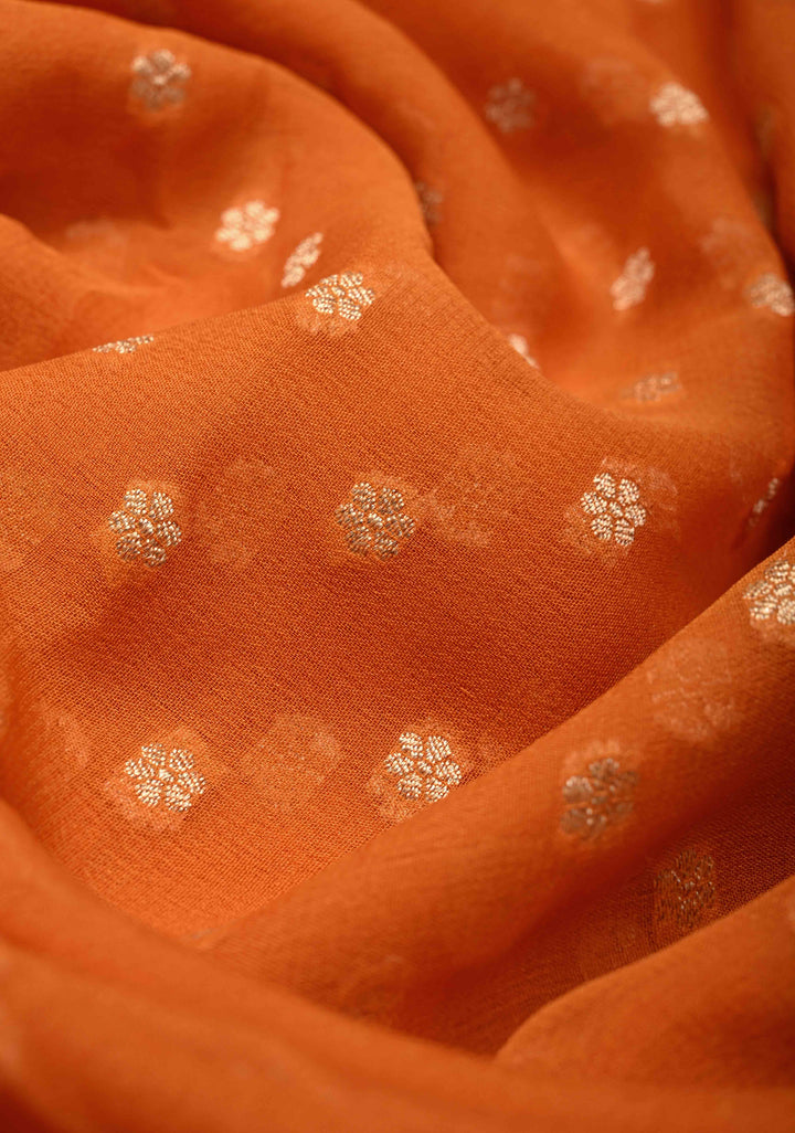 Orange Banarasi Georgette Silk Saree with Floral Butta and Contrast Zari Border | SILK MARK CERTIFIED