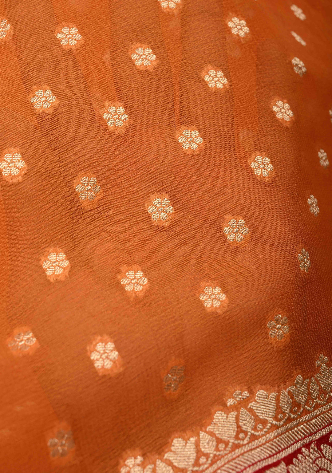 Orange Banarasi Georgette Silk Saree with Floral Butta and Contrast Zari Border | SILK MARK CERTIFIED