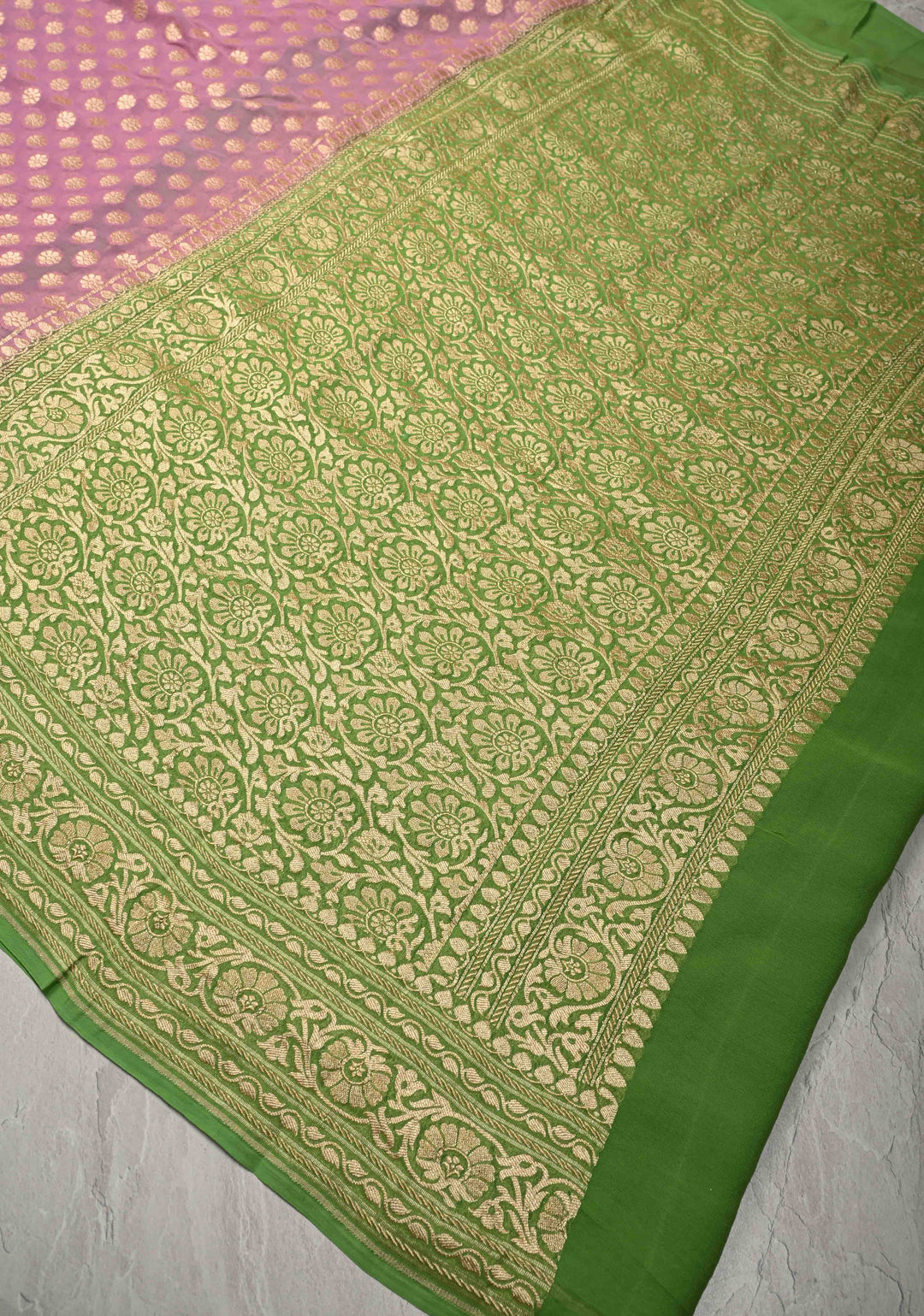 Dusty Pink Banarasi Georgette Silk Saree with Floral Buttas and Contrast Zari Border | SILK MARK CERTIFIED | SHOBITAM