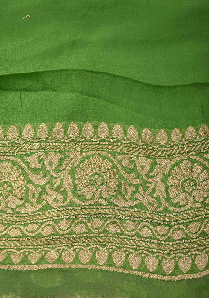 Dusty Pink Banarasi Georgette Silk Saree with Floral Buttas and Contrast Zari Border | SILK MARK CERTIFIED | SHOBITAM