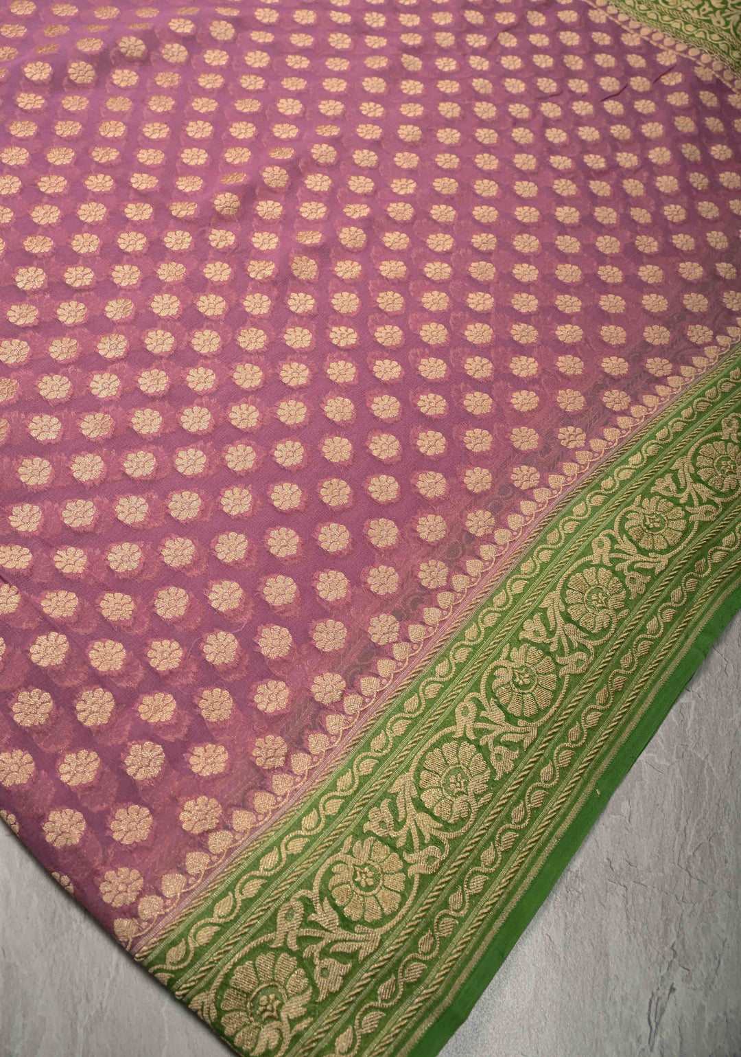 Dusty Pink Banarasi Georgette Silk Saree with Floral Buttas and Contrast Zari Border | SILK MARK CERTIFIED | SHOBITAM